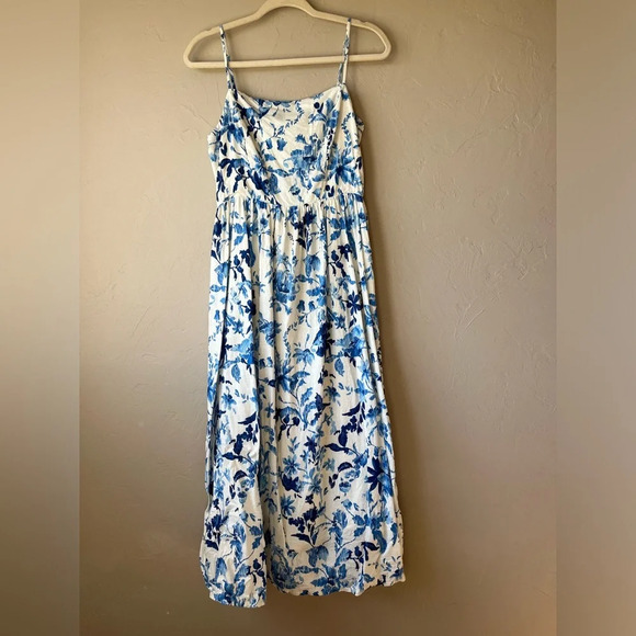 H&M linen blend midi dress sundress floral square neck spaghetti strap classic - Picture 6 of 15